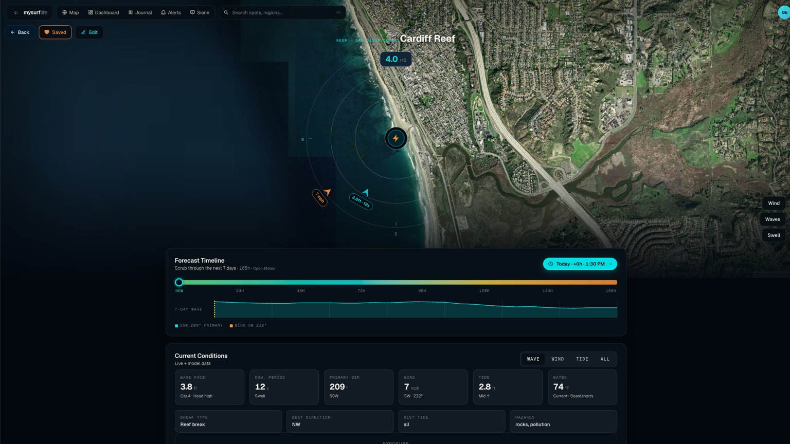 MySurfLife spot view for Cardiff Reef: satellite map with swell and wind arrows, 7-day forecast timeline and current conditions